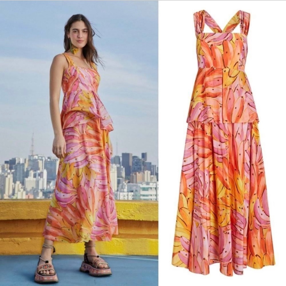 Farm Rio Pink Banana Ombré Cross Cross back Midi dress